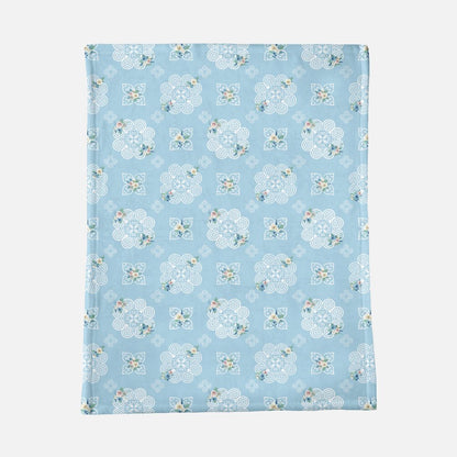 Minky Blanket - Hmong Inspired - Blue White Watercolor Florals - White on Baby Blue BG