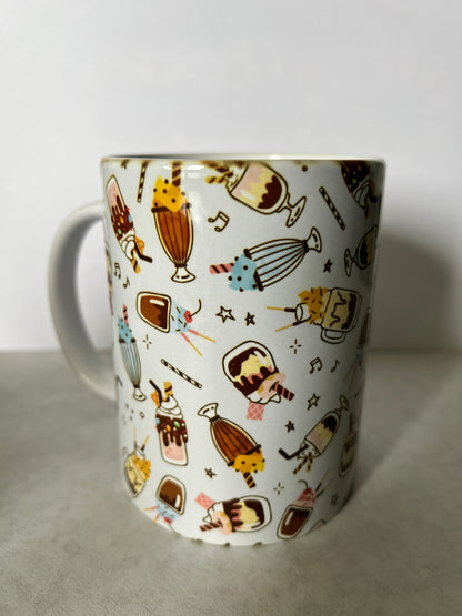 Mug 15oz White Ceramic - Assorted Desserts Bakery Ice Cream Shakes - Clipart Outline Style