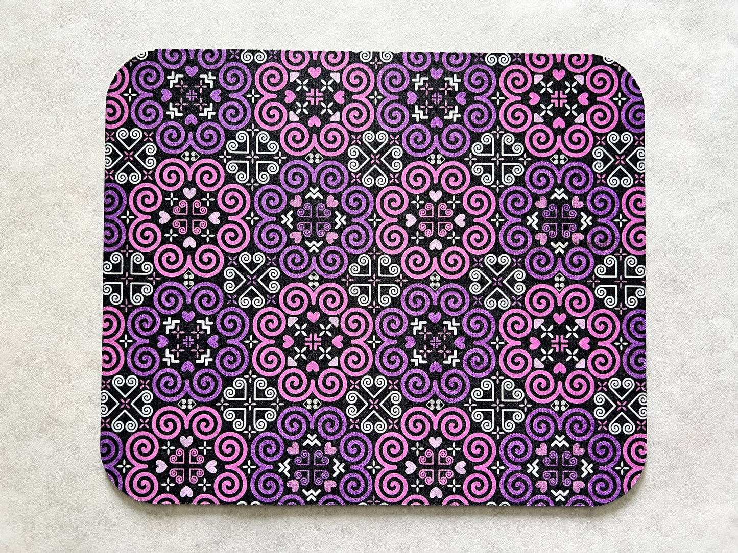 1/8" Thick Mousepad - Hmong Inspired - Cute Colorful Pattern Design - Bright Pink and MORE Purple Theme
