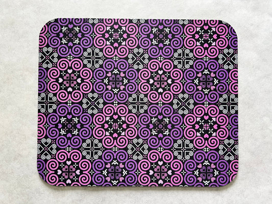 1/8" Thick Mousepad - Hmong Inspired - Cute Colorful Pattern Design - Bright Pink and MORE Purple Theme