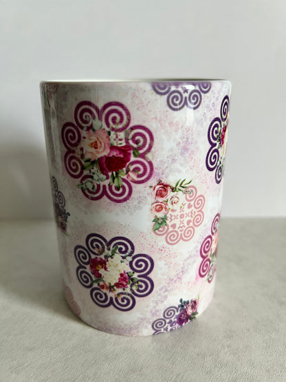 Mug 15oz White Ceramic - Hmong Inspired - Watercolor Florals Patchwork - Pink Purple Ink Splatters