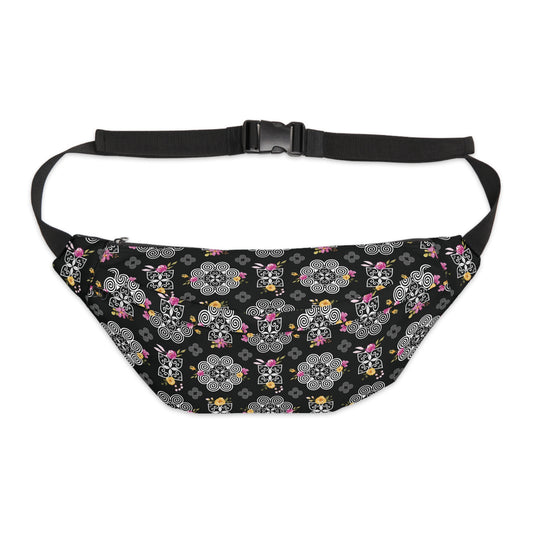 Large Fanny Pack - Hmong Inspired Design - Pink and Yellow Watercolor Florals Flowers - White on Black BG