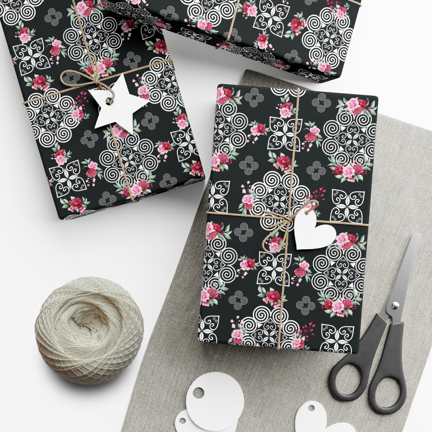 Gift Wrap Papers - Hmong Inspired Design - Pink and Red Roses Watercolor Florals Flowers - White on Black BG