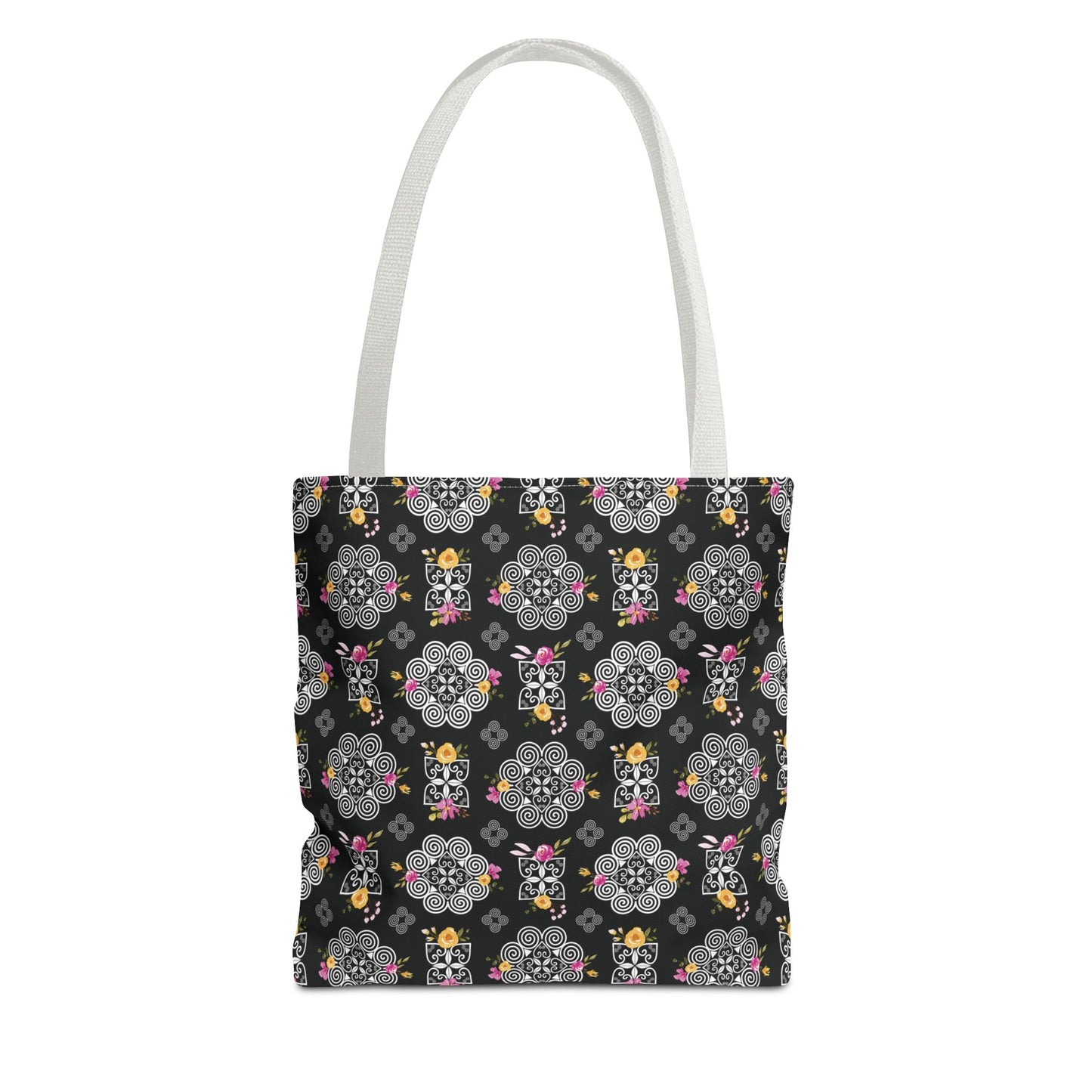 Tote Bag (AOP) - Hmong Inspired Design - Pink and Yellow Watercolor Floral Flowers - White on Black Background