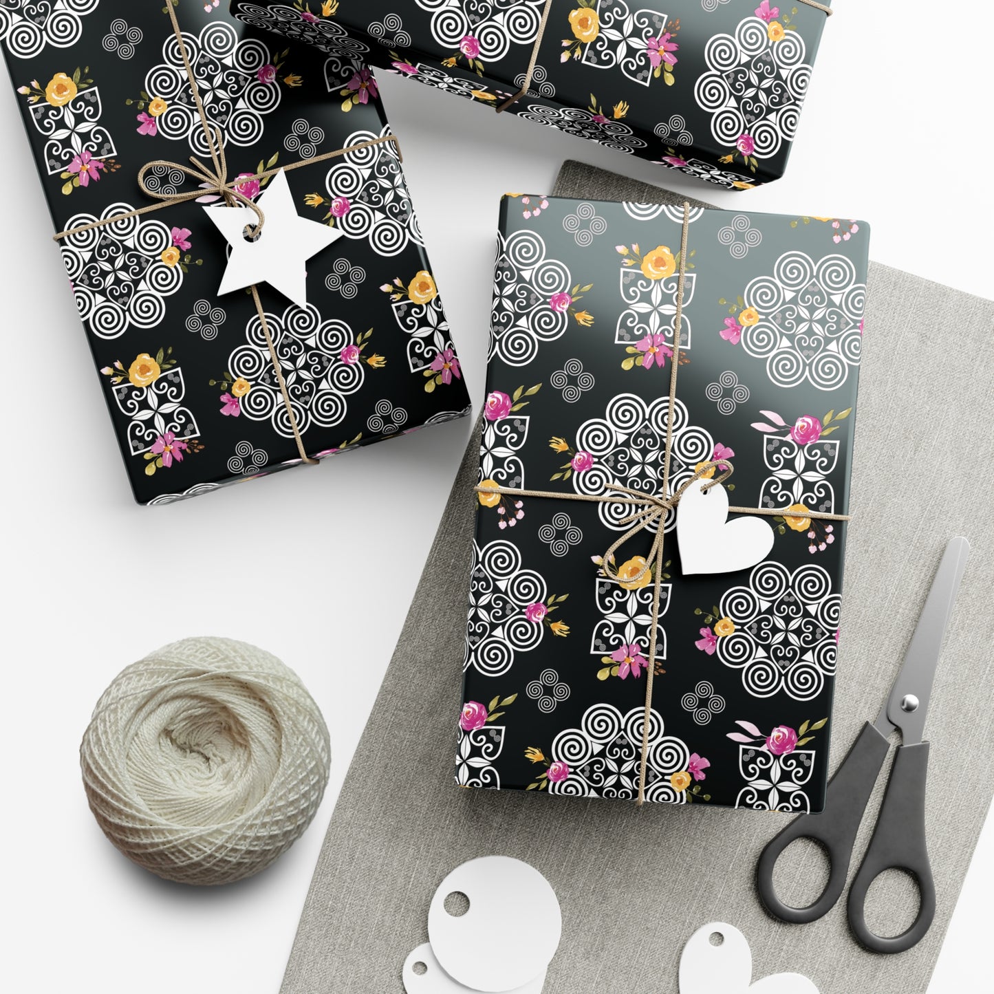 Gift Wrap Papers - Hmong Inspired Design - Pink and Yellow Watercolor Florals Flowers - Black Background