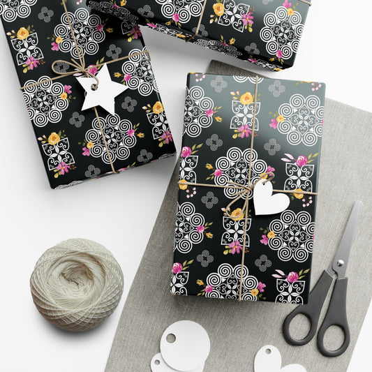 Gift Wrap Papers - Hmong Inspired Design - Pink and Yellow Watercolor Florals Flowers - Black Background