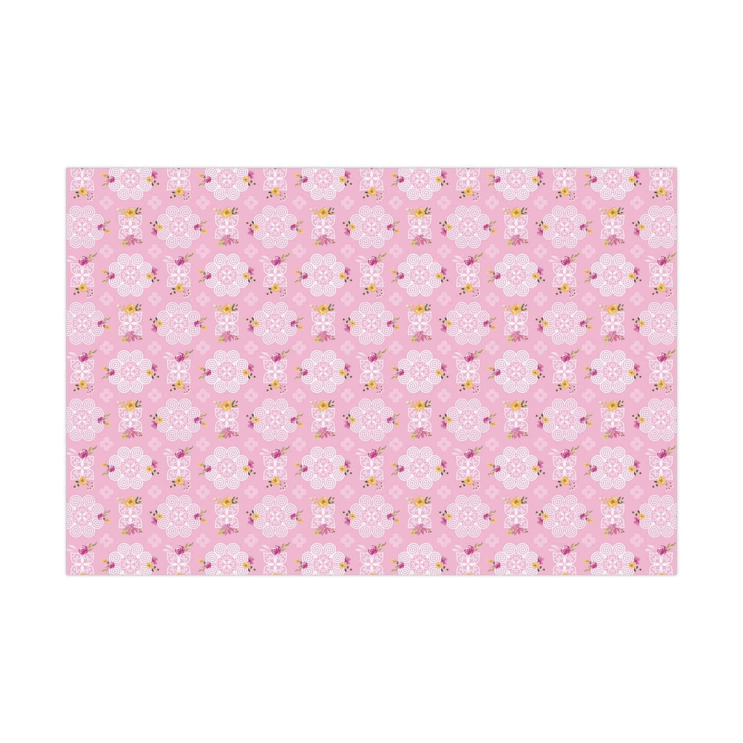 Gift Wrap Papers - Hmong Inspired Design - Pink and Yellow Watercolor Florals Flowers - Pink Background