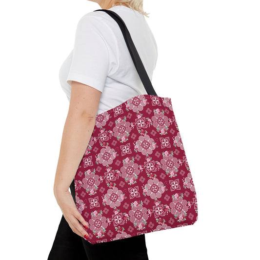 Tote Bag (AOP) - Hmong Inspired Design - Red and Pink Roses Watercolor Floral Flowers - White on Red Wine Background