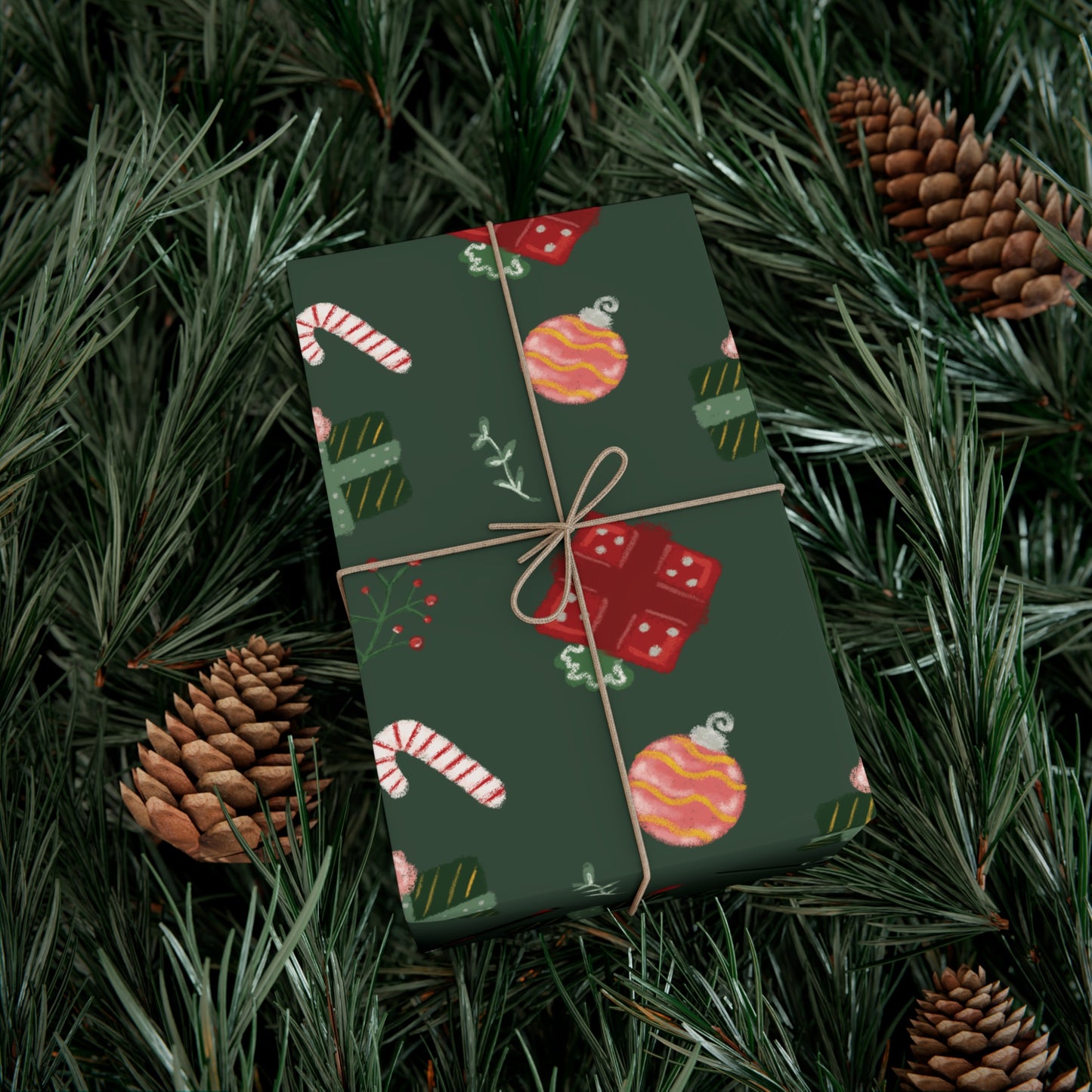 Gift Wrap Papers - Christmas Xmas Presents Ornaments Candy Canes Plants Florals - Green BG Theme