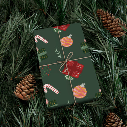 Gift Wrap Papers - Christmas Xmas Presents Ornaments Candy Canes Plants Florals - Green BG Theme