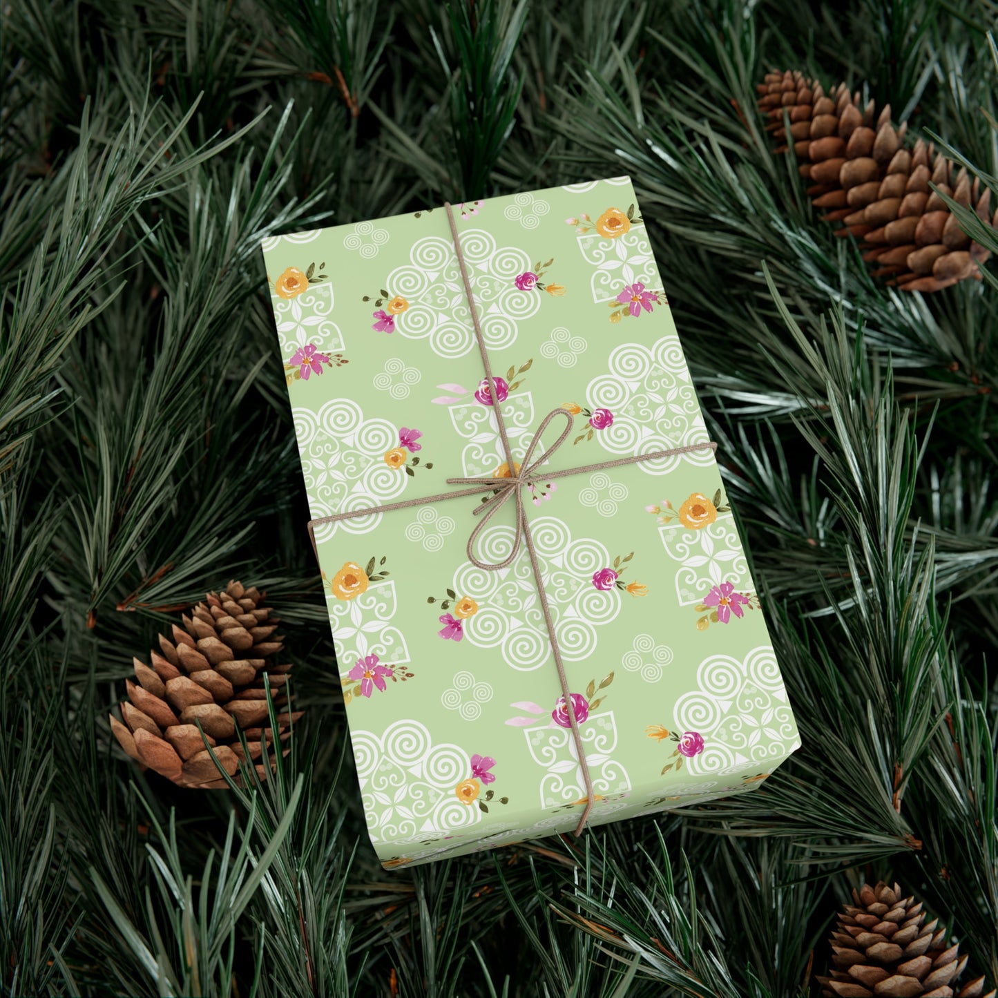 Gift Wrap Papers - Hmong Inspired Design - Pink and Yellow Watercolor Florals Flowers - Green Background