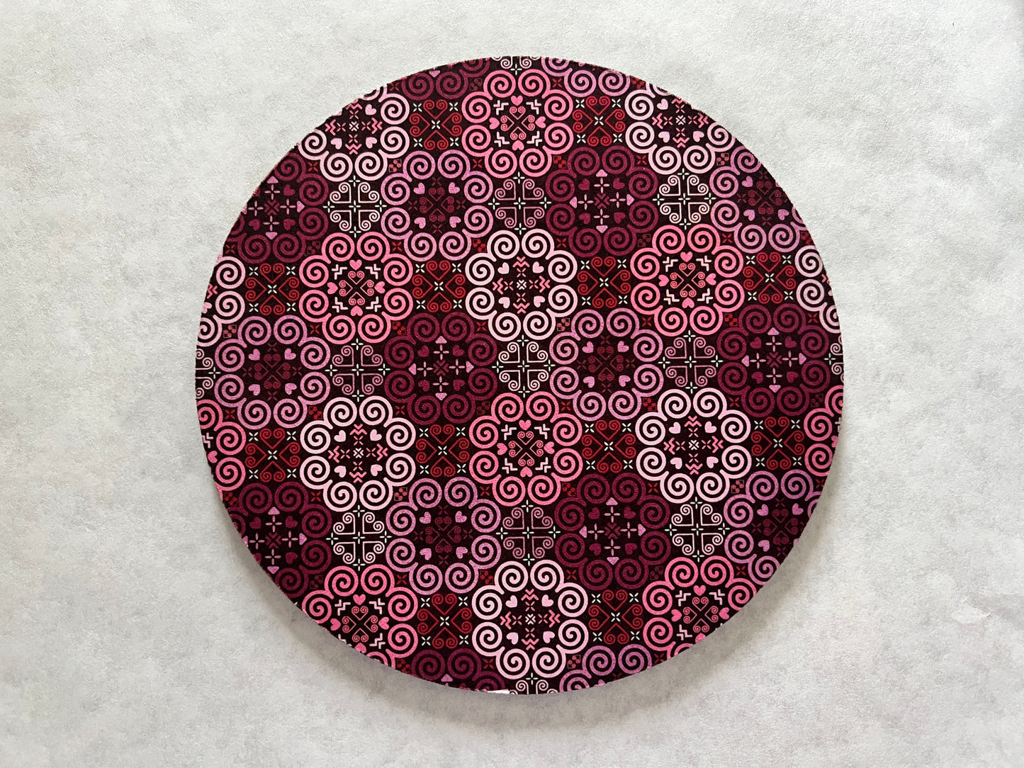 7.5" Round Mousepad (1/4" Thick) - Hmong Inspired - Bright Colorful Pattern - Red, Pink, Wine Theme