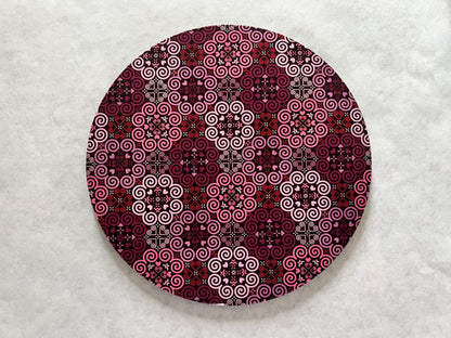 7.5" Round Mousepad (1/4" Thick) - Hmong Inspired - Bright Colorful Pattern - Red, Pink, Wine Theme
