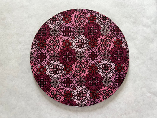 7.5" Round Mousepad (1/4" Thick) - Hmong Inspired - Bright Colorful Pattern - Red, Pink, Wine Theme