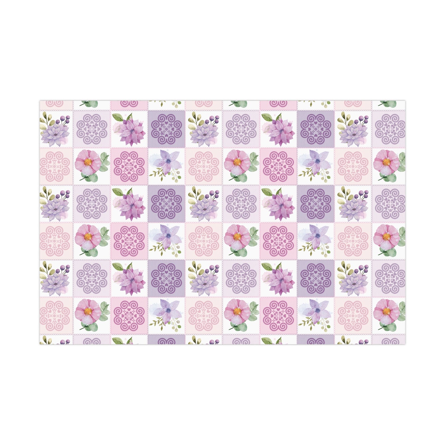 Gift Wrap Papers - Hmong Inspired - Pink & Purple Watercolor Florals Flowers Patch Square - Pattern BG