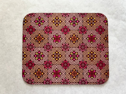1/8" Thick Mousepad - Hmong Inspired - Cute Colorful Pattern Design - Bright Red Pink Orange Denim Theme