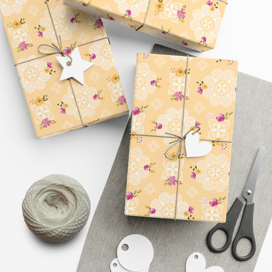 Gift Wrap Papers - Hmong Inspired Design - Pink and Yellow Watercolor Florals Flowers - Yellow Background