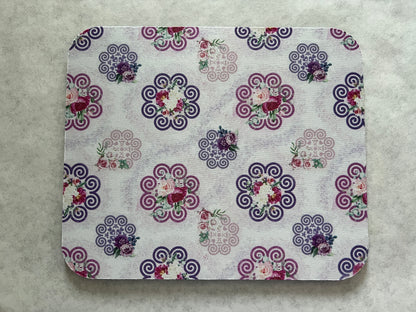 1/4" Thick Mousepad - Hmong Inspired - Watercolor Florals Patchwork - Pink Purple Ink Splashes