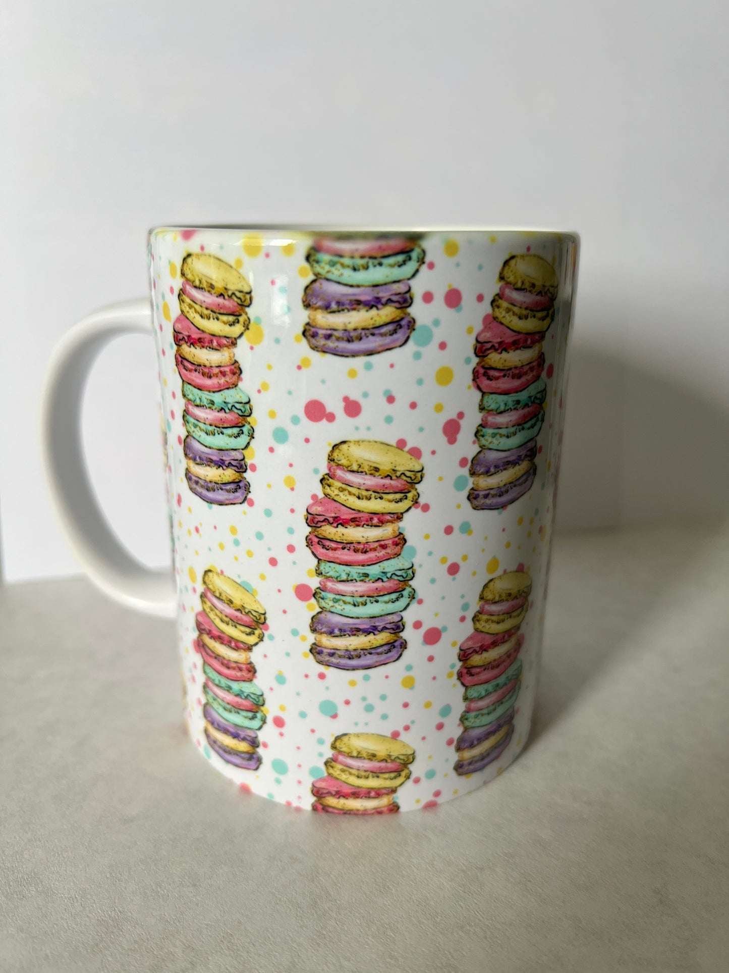 Mug 15oz White Ceramic - Watercolor Bakeries Dessert - Bright Colorful Macaroons