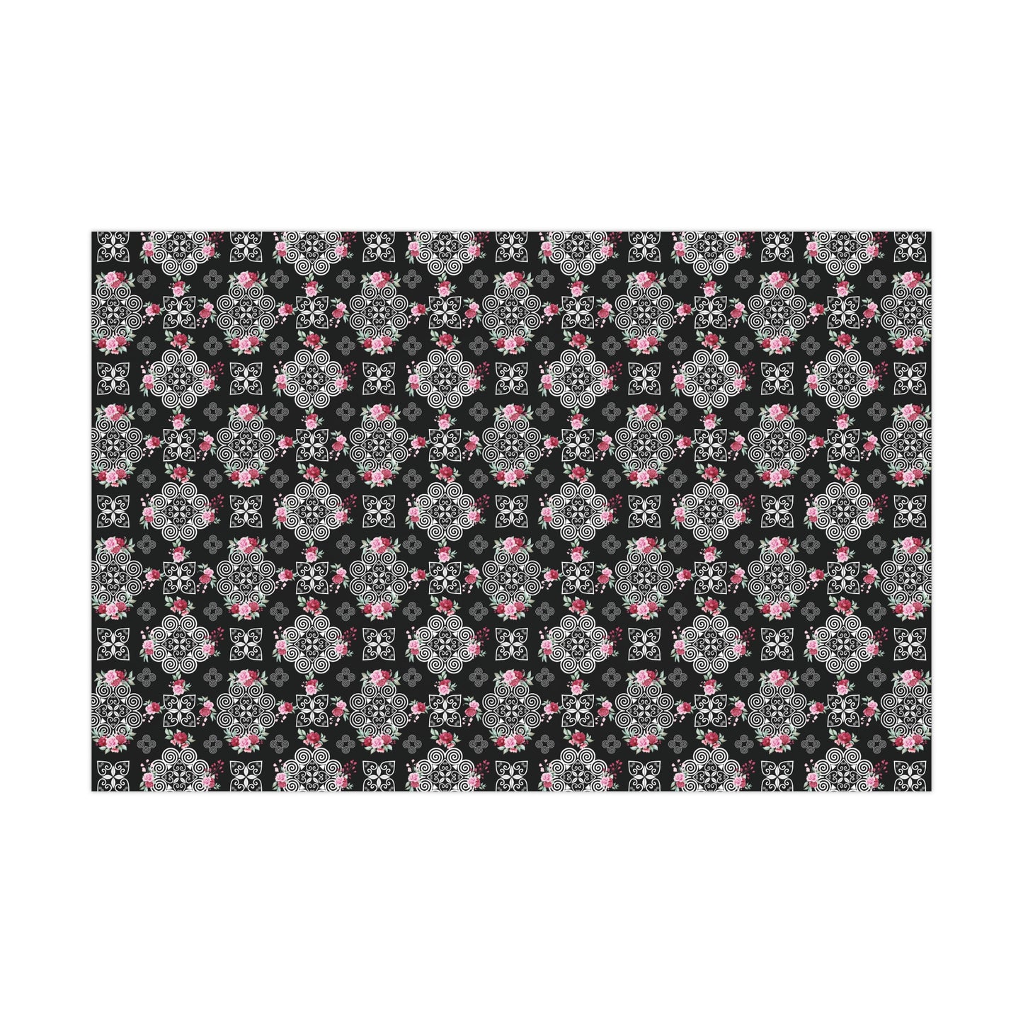 Gift Wrap Papers - Hmong Inspired Design - Pink and Red Roses Watercolor Florals Flowers - White on Black BG