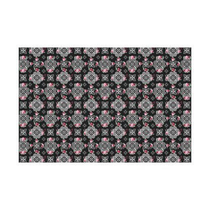 Gift Wrap Papers - Hmong Inspired Design - Pink and Red Roses Watercolor Florals Flowers - White on Black BG