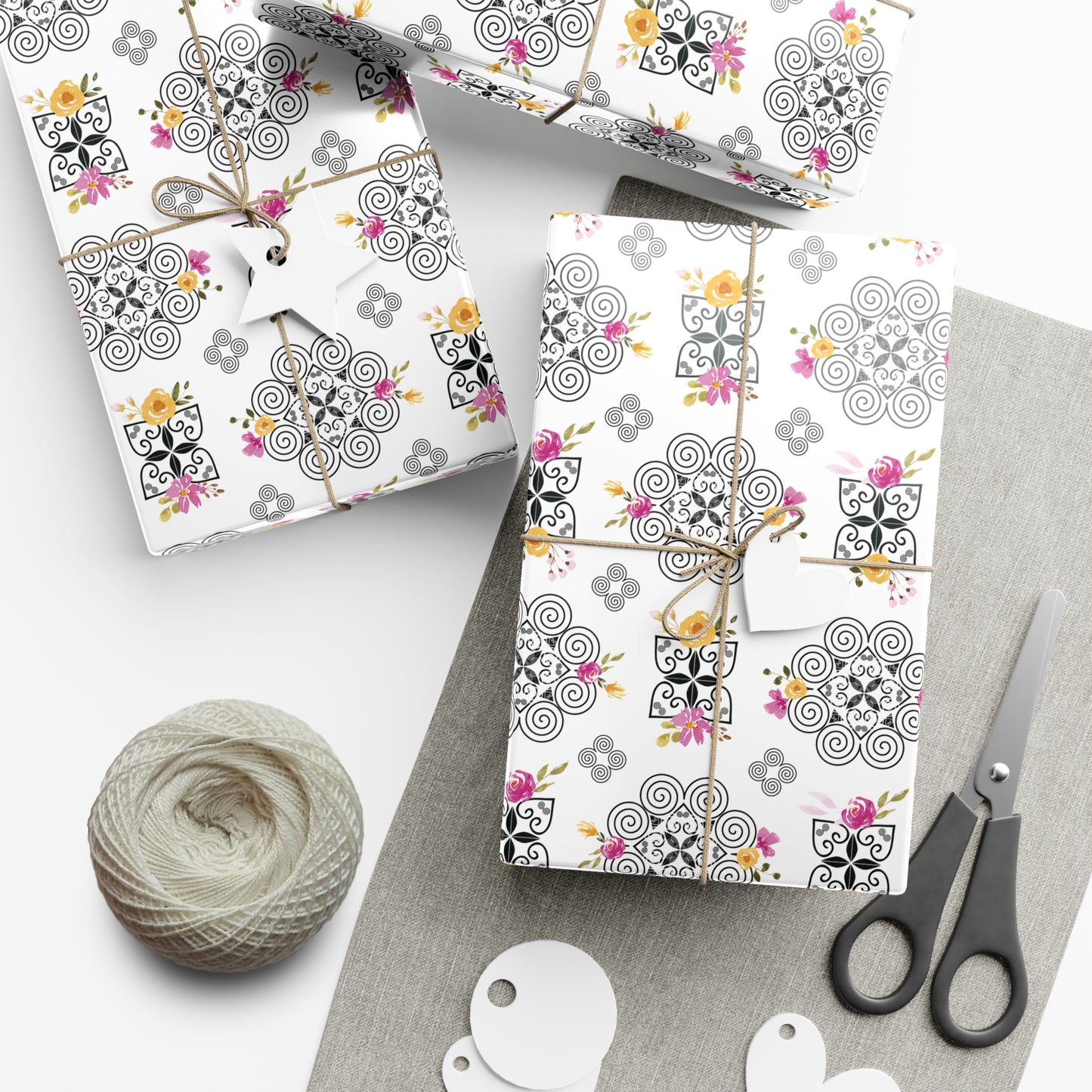 Gift Wrap Papers - Hmong Inspired Design - Pink and Yellow Watercolor Florals Flowers