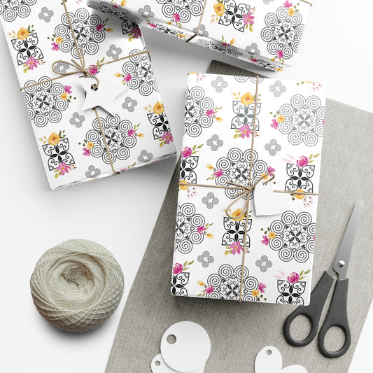 Gift Wrap Papers - Hmong Inspired Design - Pink and Yellow Watercolor Florals Flowers