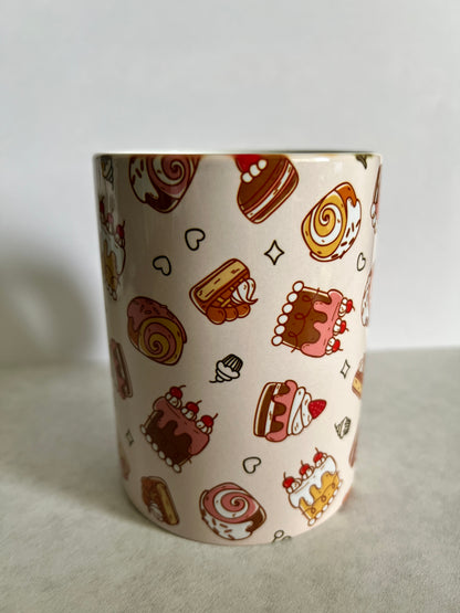 Mug 15oz White Ceramic - Cute Assorted Sweets Bakery - Cakes Rolls Clipart Outline Theme