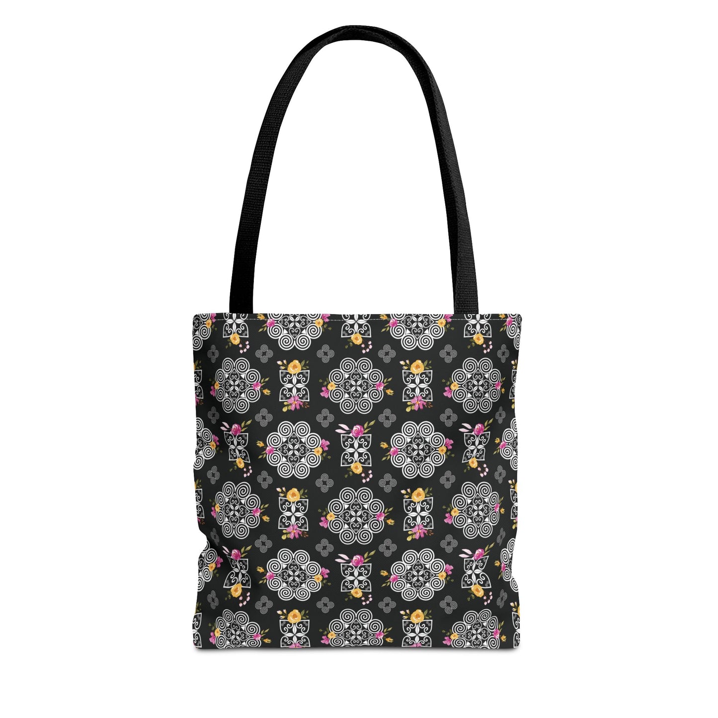 Tote Bag (AOP) - Hmong Inspired Design - Pink and Yellow Watercolor Floral Flowers - White on Black Background