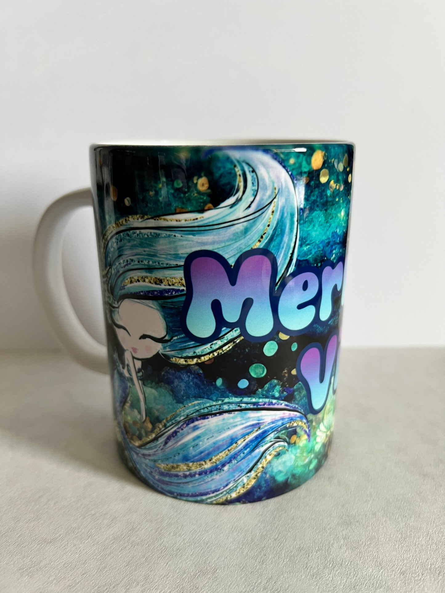 Mug 15oz White Ceramic - Mermaid Vibes - Bright Color Blue Pink Theme