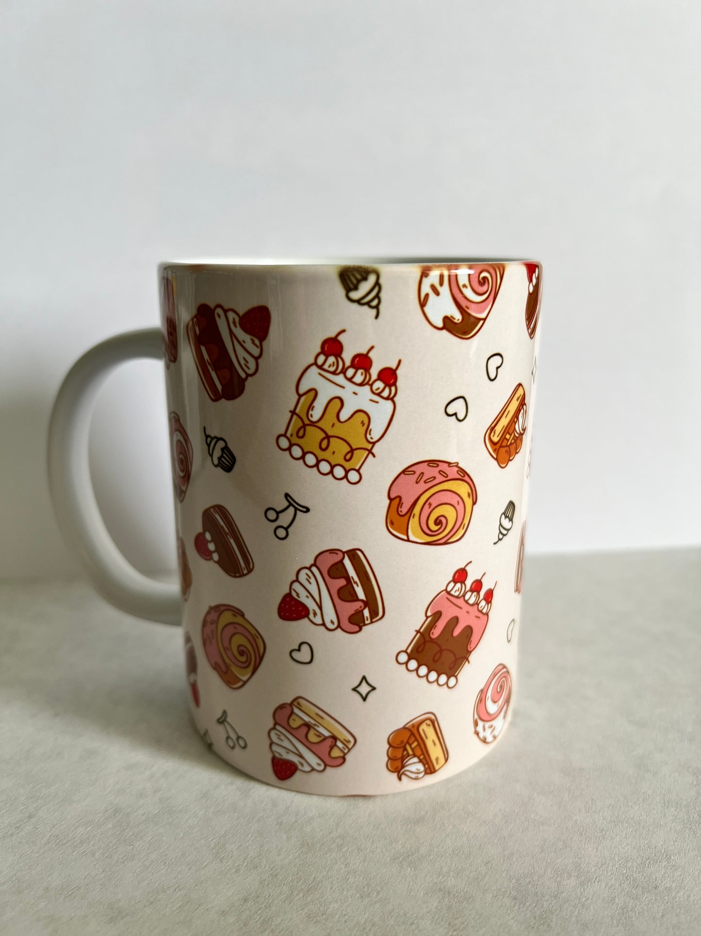 Mug 15oz White Ceramic - Cute Assorted Sweets Bakery - Cakes Rolls Clipart Outline Theme