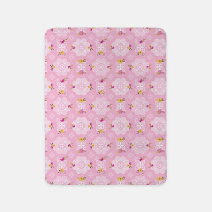 SHERPA BLANKET (SAND) - HMONG INSPIRED DESIGN - PINK AND YELLOW WATERCOLOR FLOWERS FLORALS - WHITE ON PINK BG