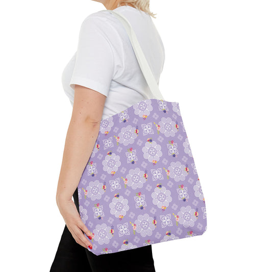 Tote Bag (AOP) - Hmong Inspired Design - Pink and Purple Roses Watercolor Florals Flowers - White on Purple BG