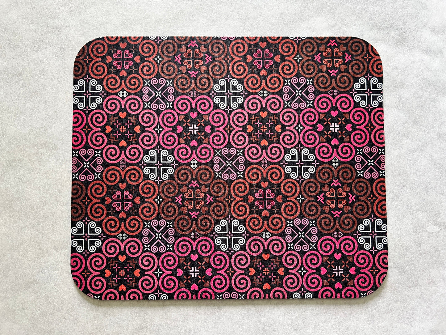 1/8" Thick Mousepad - Hmong Inspired - Cute Colorful Pattern Design - Bright Pink and Red Theme