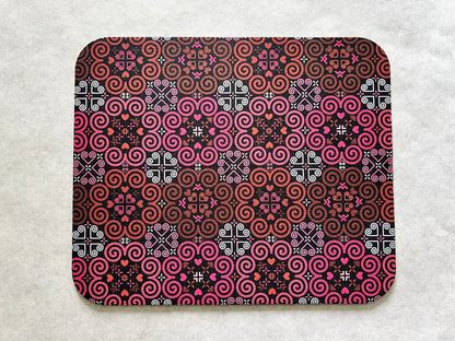 1/8" Thick Mousepad - Hmong Inspired - Cute Colorful Pattern Design - Bright Pink and Red Theme