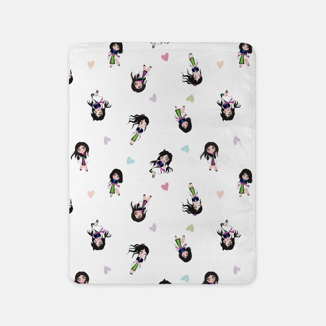 Sherpa Blanket - 30" x 40"(SAND) - Hmong Inspired - Kawaii Characters - Hearts Only Watercolor - White BG