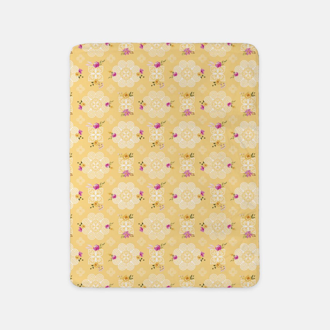 SHERPA BLANKET (SAND) - HMONG INSPIRED DESIGN - PINK AND YELLOW WATERCOLOR FLOWERS FLORALS - WHITE ON YELLOW BG