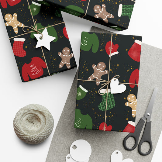 Gift Wrap Papers - Christmas Theme - Sweaters Stockings Mittens Gingerbread - Black BG