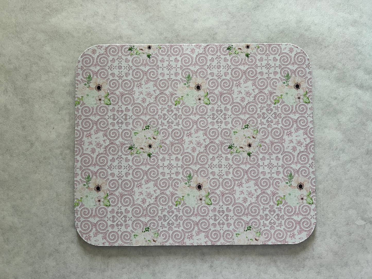 1/4" Thick Mousepad - Hmong Inspired - Watercolor Floral Leaves Embossed - Pink Theme