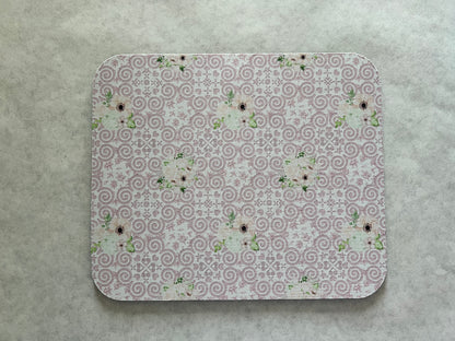 1/4" Thick Mousepad - Hmong Inspired - Watercolor Floral Leaves Embossed - Pink Theme