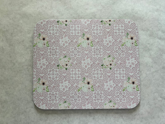 1/4" Thick Mousepad - Hmong Inspired - Watercolor Floral Leaves Embossed - Pink Theme