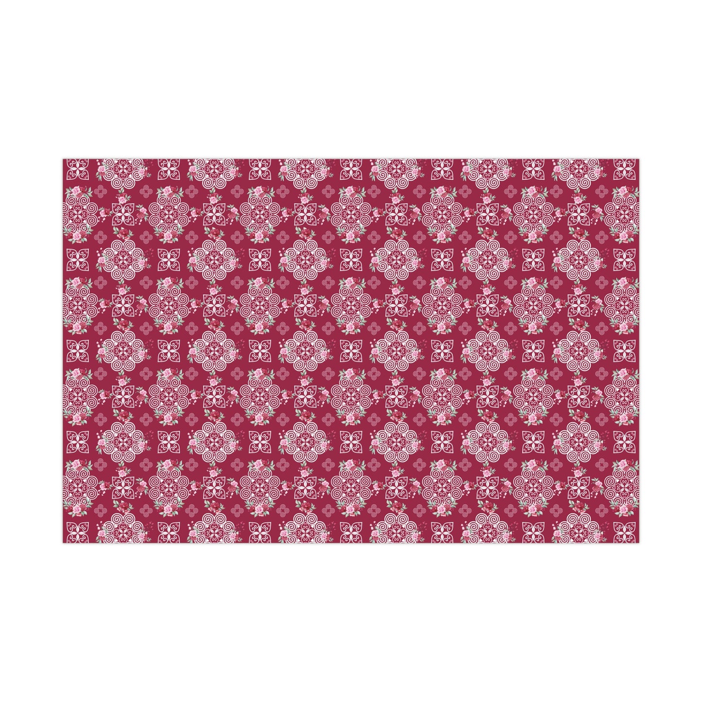 Gift Wrap Papers - Hmong Inspired Design - Pink and Red Roses Watercolor Florals Flowers - Red Background