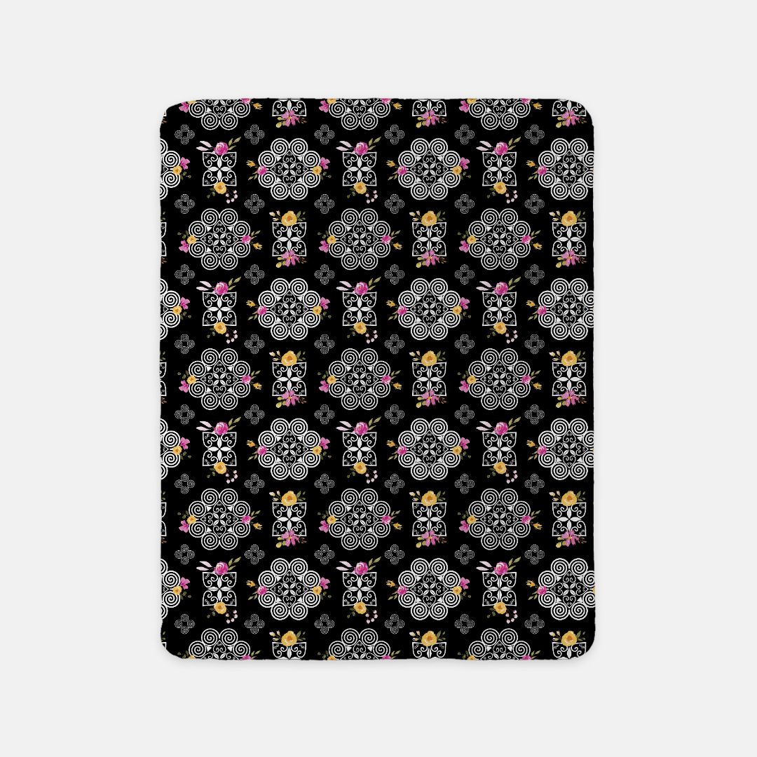 SHERPA BLANKET (SAND) - HMONG INSPIRED DESIGN - PINK AND YELLOW WATERCOLOR FLOWER FLORALS - WHITE ON BLACK BG