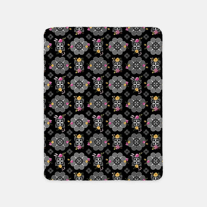 SHERPA BLANKET (SAND) - HMONG INSPIRED DESIGN - PINK AND YELLOW WATERCOLOR FLOWER FLORALS - WHITE ON BLACK BG