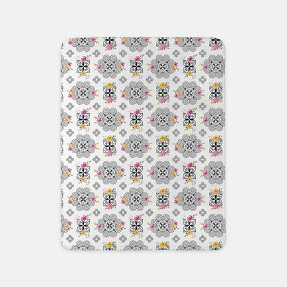 SHERPA BLANKET (SAND) - HMONG INSPIRED DESIGN - PINK AND YELLOW WATERCOLOR FLOWERS FLORALS - BLACK ON WHITE BG