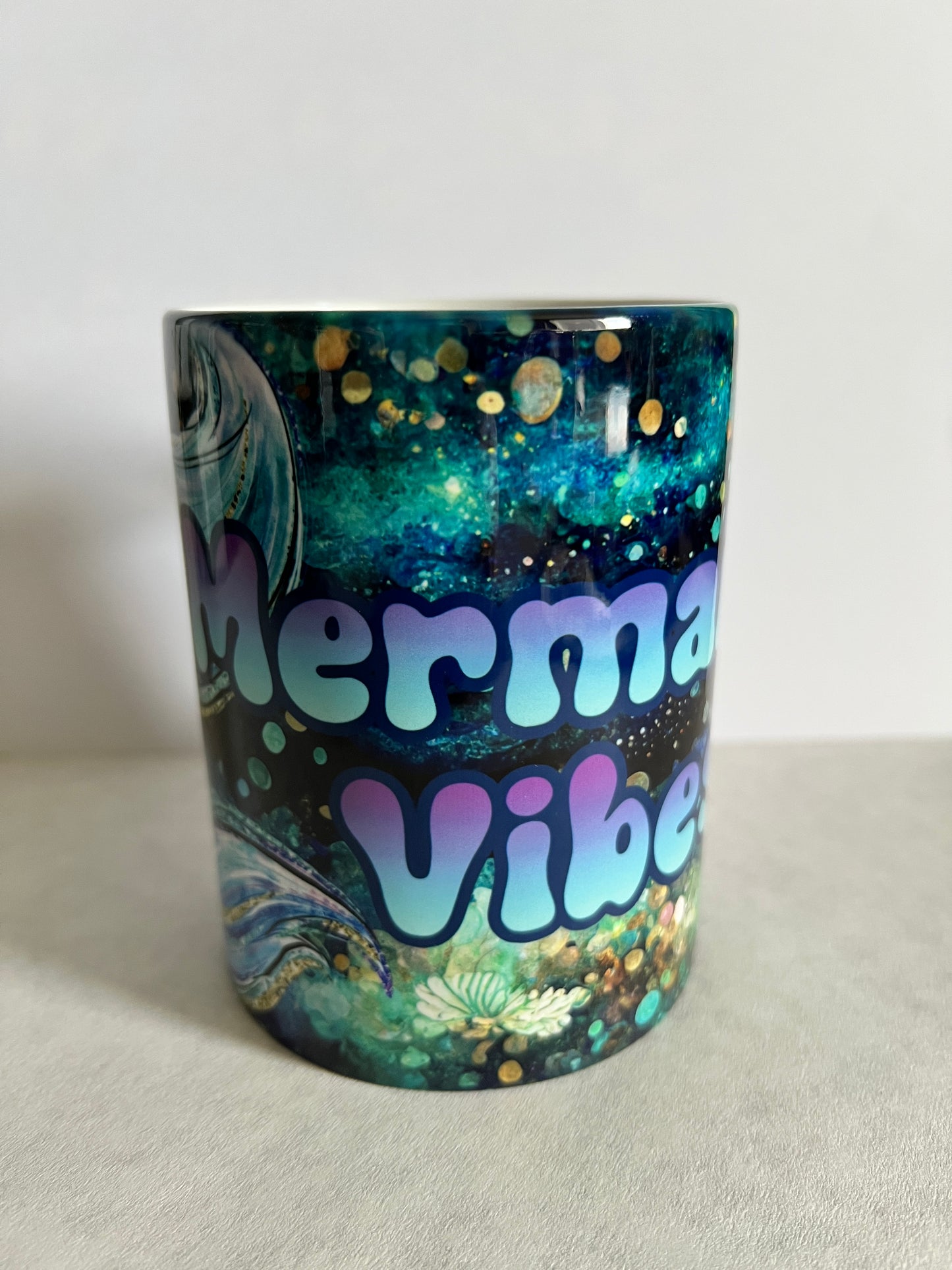 Mug 15oz White Ceramic - Mermaid Vibes - Bright Color Blue Pink Theme