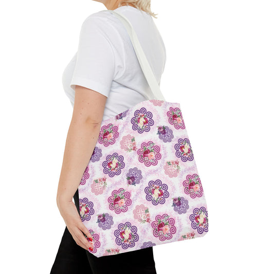 Tote Bag (AOP) - Hmong Inspired Design Patch Texture Pink Purple - Watercolor Florals - Pink Purple Ink Splash - Small Design