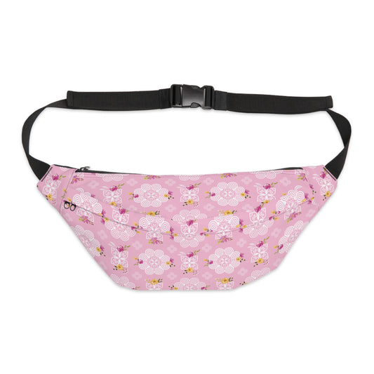 Large Fanny Pack - Hmong Inspired Design - Pink and Yellow Watercolor Florals Flowers - White on Pink BG