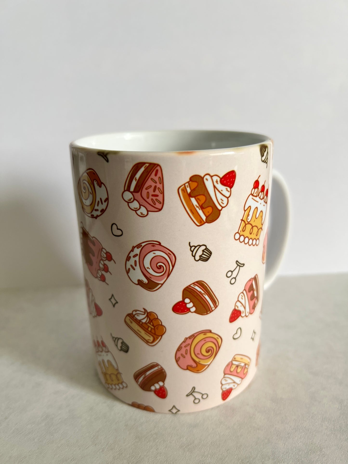 Mug 15oz White Ceramic - Cute Assorted Sweets Bakery - Cakes Rolls Clipart Outline Theme