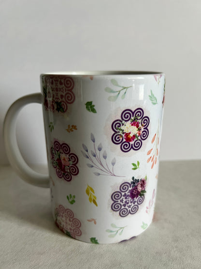 Mug 15oz White Ceramic - Hmong Inspired - Watercolor Florals Leaves Patchwork